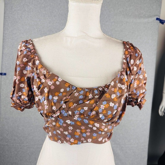 Just Polly Juniors Womens Sz Small Floral Tie-Back Peasant Fitted Top Brown New - Picture 4 of 7